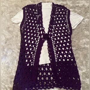 Purple Crochet Open-Front V-Neck Sweater Vest